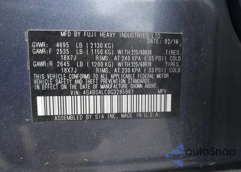 2016 Subaru Outback 2.5I Limited из США, поврежденный, VIN 4S4BSALC0G3295961